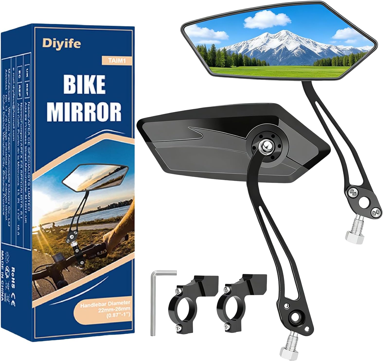 Diyife Bike Mirror 1 Pair, [New Version] HD Wide Angle Large Handlebar Rearview Mirror, Blast-Resistant 360°Adjustable Bicycle Rear View Mirror Accessories for Ebike Mountain Road Bike