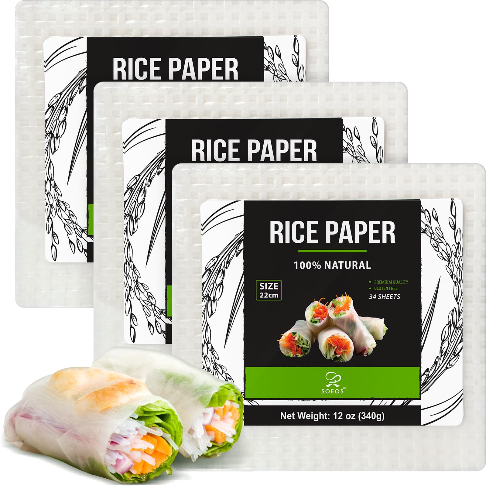 Soeos Rice Paper, White Rice Paper Wrappers, 3 Pack, 102 Sheets-Fresh Spring Roll Wrappers & Dumplings, Non-GMO, Gluten-Free, Low Carb, Vietnamese Rice Wraps (Square, 22cm)