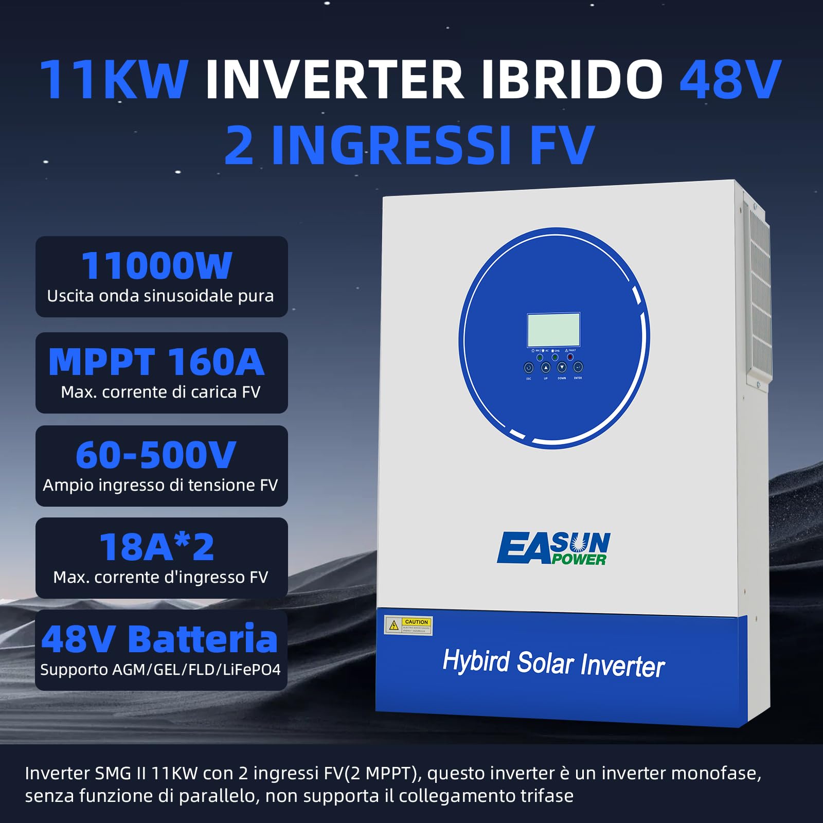 POWLAND 11KW Inverter ibrido 48V, 2 ingressi FV, funziona senza batteria, inverter off-grid a onda sinusoidale pura, FV 60-500VDC, per batterie al piombo e al litio 48V, con modulo WiFi (SMG 11KP)
