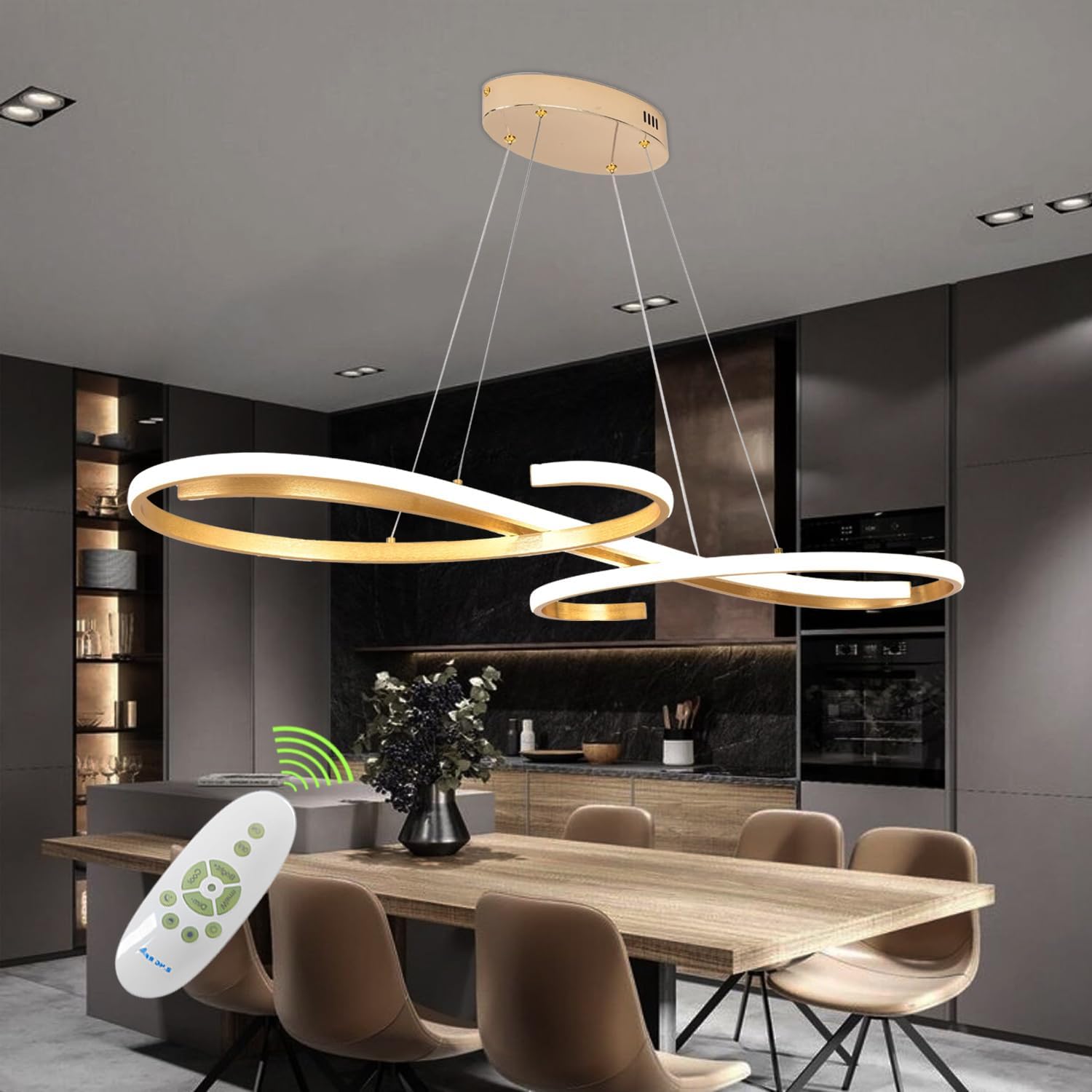 Gold LED Chandelier, Dimmable Modern Pendant Light with Remote - Contemporary Ceiling Light Fixture for Dining Room, Kitchen Island & Living Room