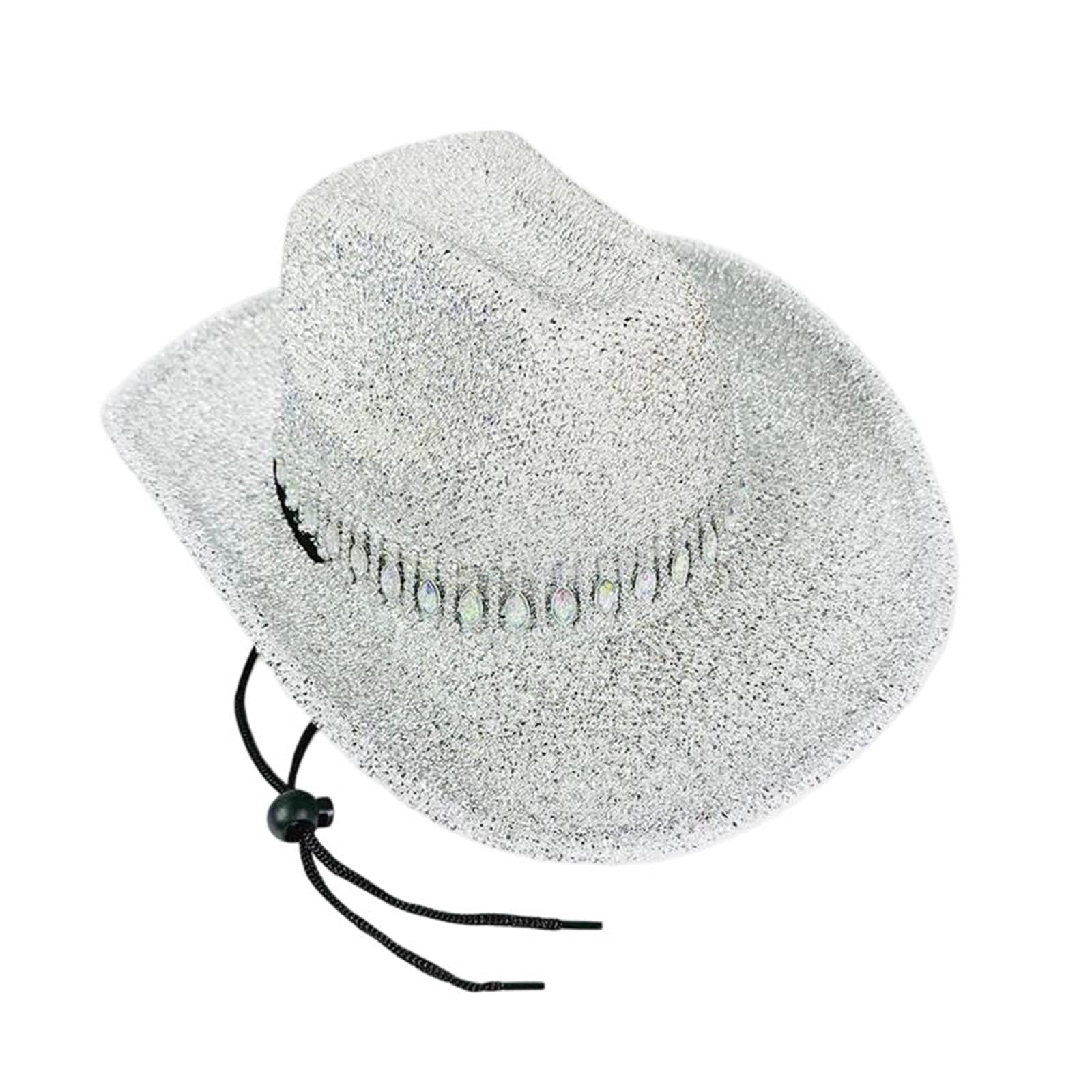 EYRMQWJPC Wide Brim Sun Hat, Women's Rhinestone Cowgirl Summer Western Wide Brim Sun Hat Multicolor(Silver)