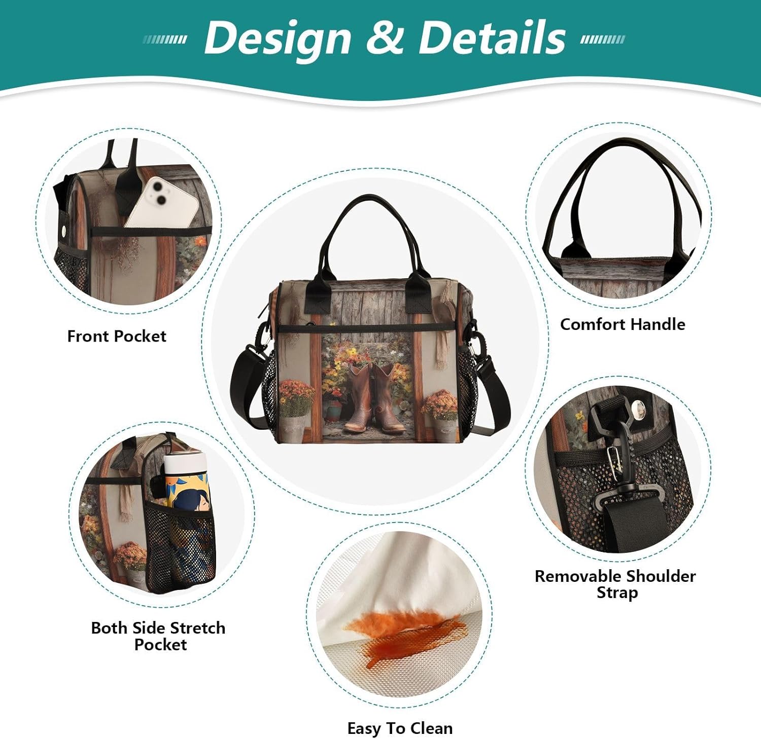 Western Cowboy Boots Floral Lunch Bag Reusable Lunch Box for Office Picnic Hiking Beach, Insulated Cooler Tote Food Container with Adjustable Shoulder Strap for Men Women Adults