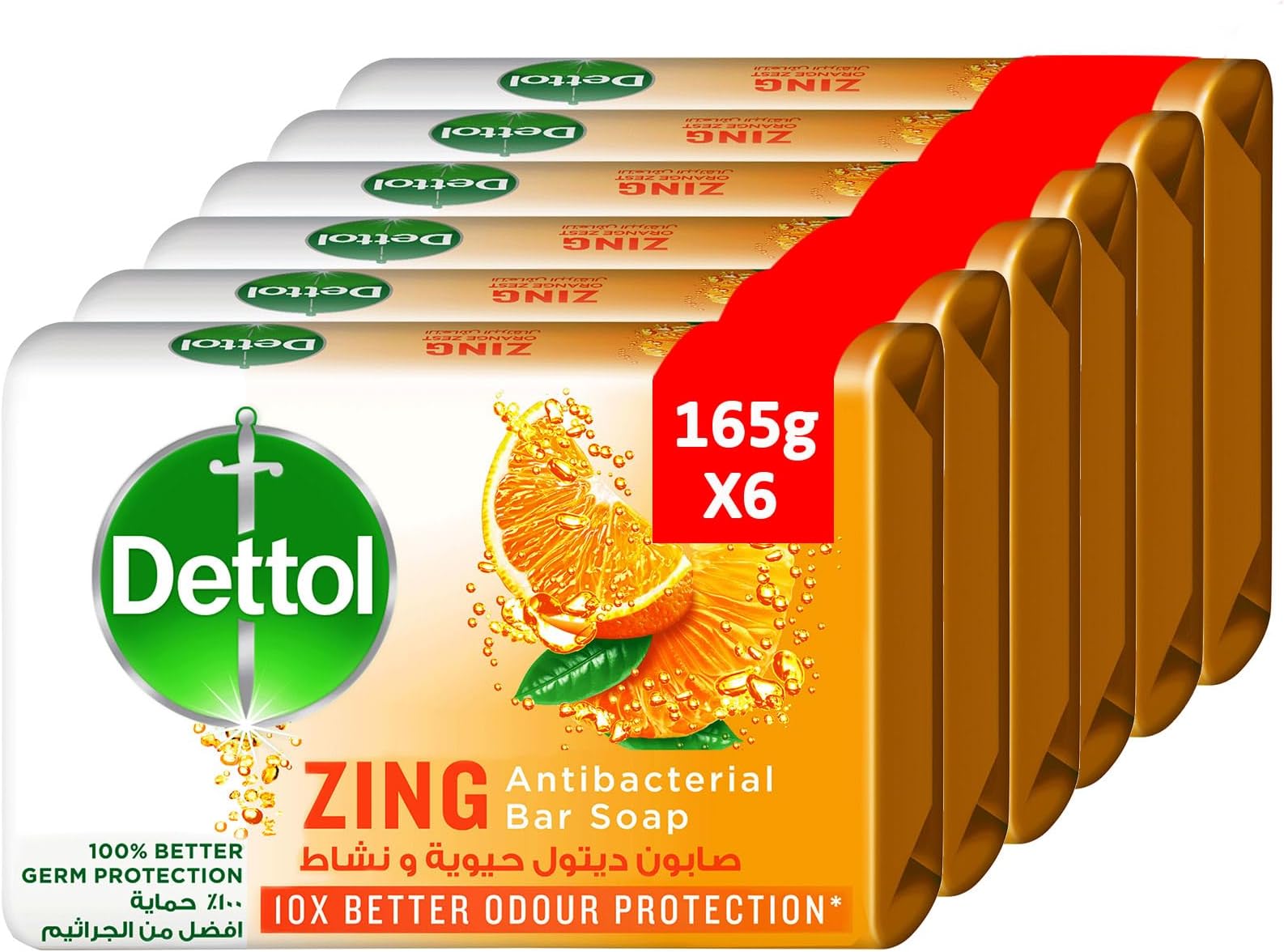 Dettol Zing Antibacterial Bar Soap, 10X Better Odour Protection, 165g, pack of 6