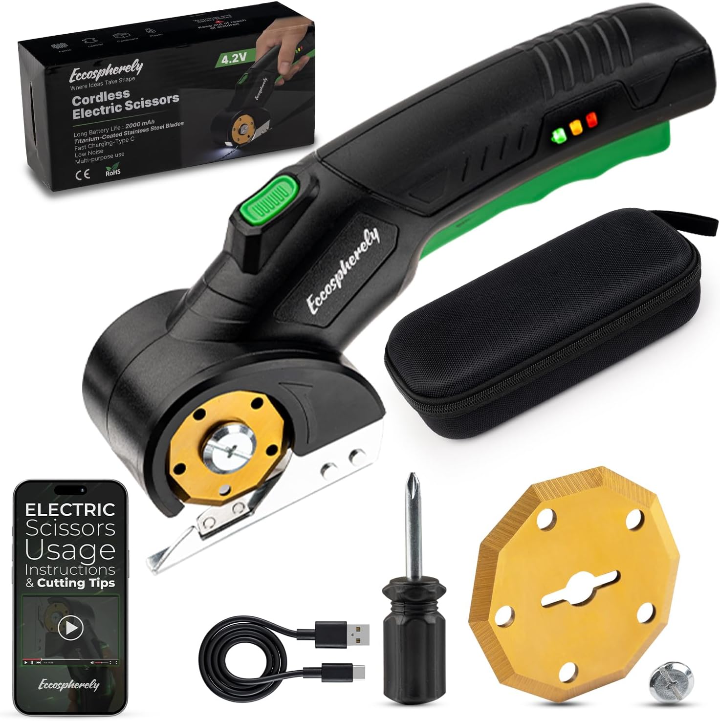 Electric Box Cutter for Cardboard, Box Cutter Cordless, Cordless Scissors for Fabric Leather Plastic, 4.2V Rechargeable 2000mAh Battery, Titanium Blade, LED Light, Safety Lock