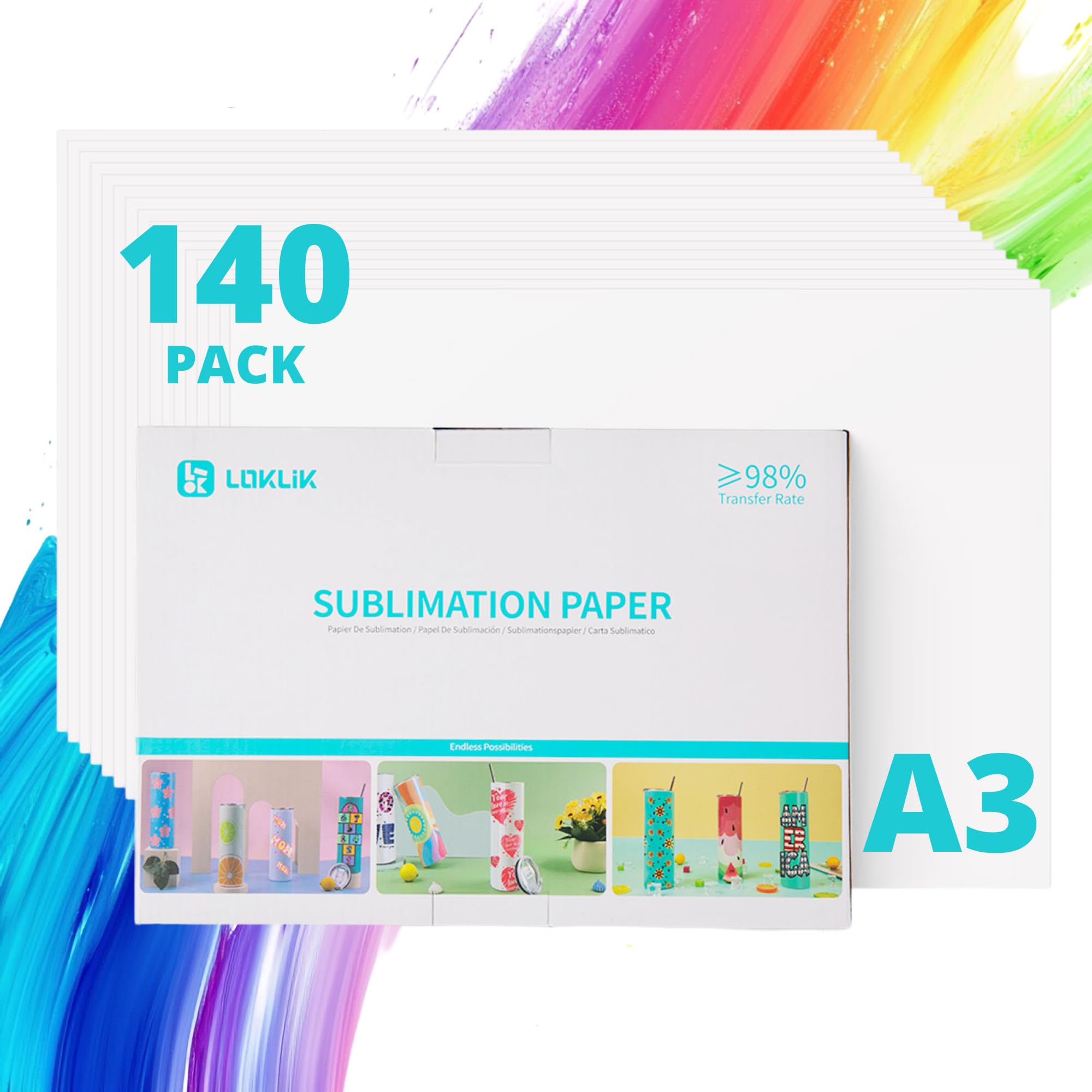LOKLiK 140 Blatt Sublimationspapier – Hochwertige, farbintensive Drucke für T-Shirts, Tassen & mehr – Schnelle Tintenaufnahme, langlebig & waschbeständig – Kompatibel mit Sublimationsdruckern (A3)