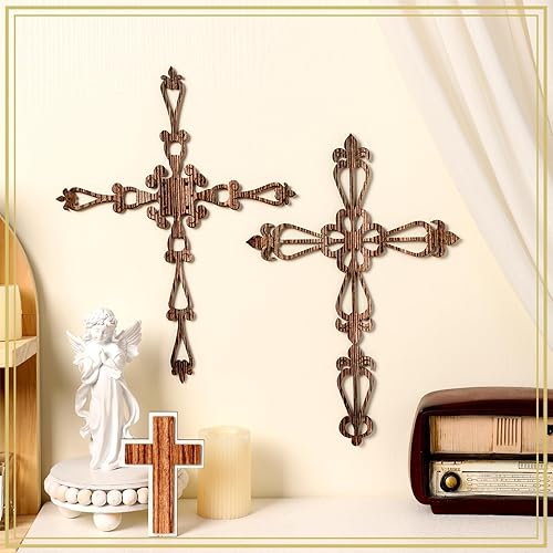 Miniatura 3 de Soaoo 6 piezas de cruz de madera para colgar en la pared, cruz religiosa antigua decoración de pared, cruces de pared talladas a mano para