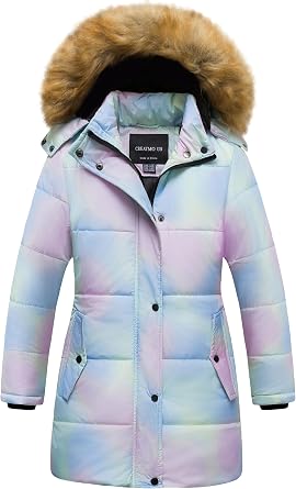 Girls Winter Fleece Lined Long Parka Puffer Coat Thicken Ski Jacket With Fur Trim Hood