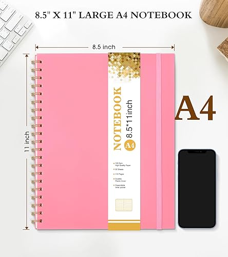 Miniatura 2 de Cuaderno de espiral de 8.5 x 11 pulgadas, cuadernos grandes tamaño A4 rosa para mujeres y hombres, diario rayado universitario, papel de 3.53 ozm,