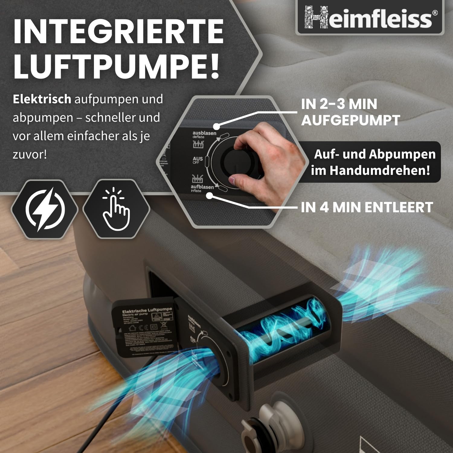 Heimfleiss® Luftmatratze Selbstaufblasend 150x200 cm Premium Luftbett 2 Personen Camping Gästebett mit Pumpe