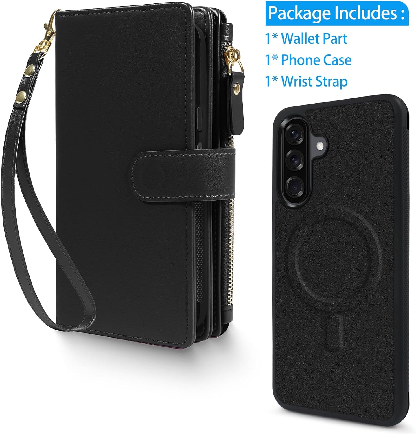 Harryshell 2 in 1 for Samsung Galaxy A17 / A26 Wallet Case Magnetic Compatible with Magsafe RFID Blocking Card Holder Detachable Phone Cover Zipper Purse Kickstand Wrist Strap for Men Women Black
