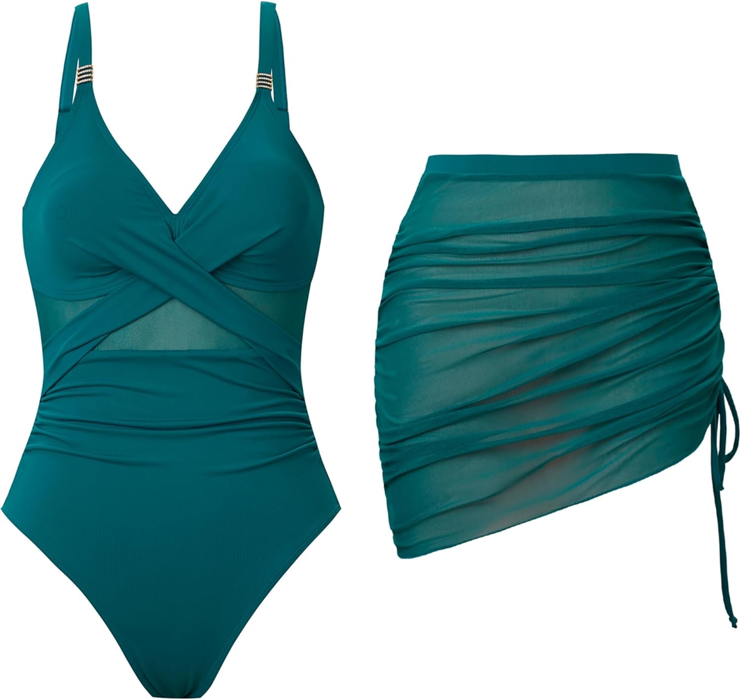 One Piece Swimsuit Women Tummy Control Bathing Suit with Cover Up Set Slimming Mesh Sarong Swim Suits