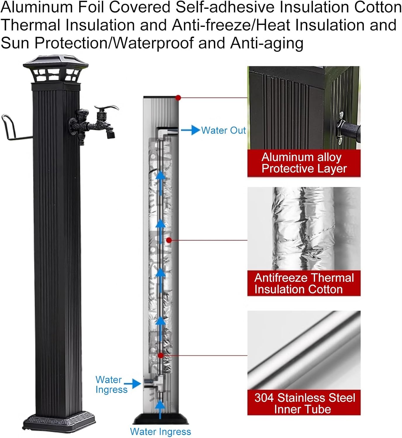 Durable Solar Light Water Column for Outdoor Faucet - Freestanding Hose Stand with Long Spigot - Frost-Free, Floor Mount Garden Fixture (110cm Black)