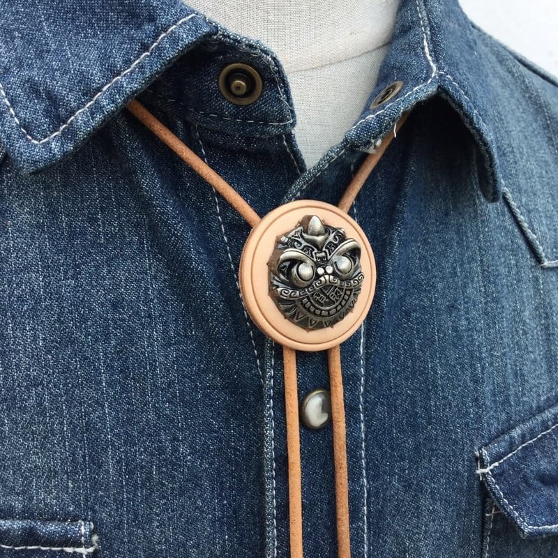 Tribal Owl Face Bolo Tie for Men Women, Silver Tone Creature Medallion, Natural Tone Base Light Tan Faux Leather Cord Western Necktie