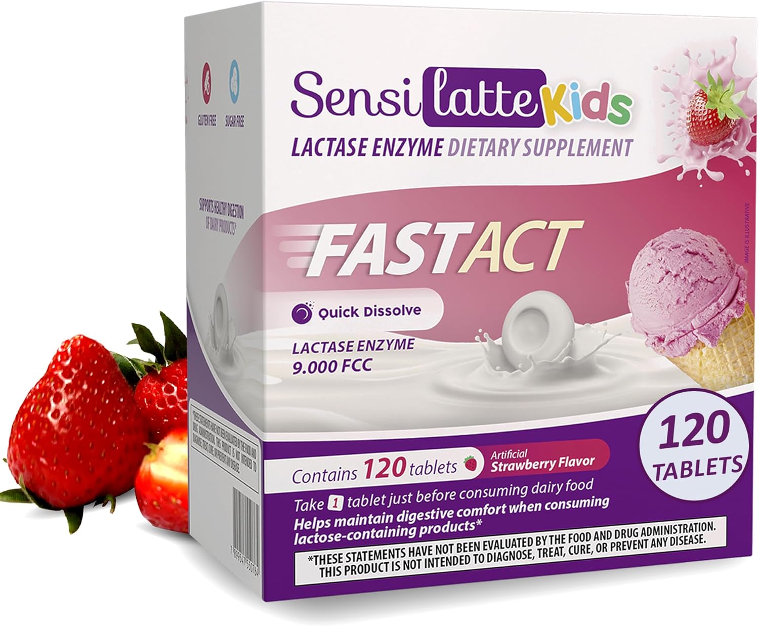 Lactase Enzyme 120 Tablets Strawberry - 9,000 FCC - Dietary Supplement - Quick Results for Dairy Ingestion, Fast Act Quick Dissolve in Your Mouth - SENSILATTE