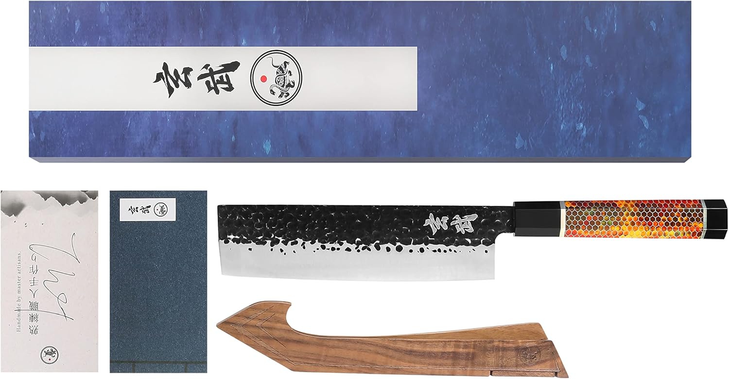 Concord Genbu Traditional Japanese Chef's Knife Raw Hammered Double Beveled 9CR18MOV Blade w/ 60 HRC. Tortoise Shell Resin Handle. Comes with Magnetic Magnolia Wood Sheath with Stand. (7" Nakiri)