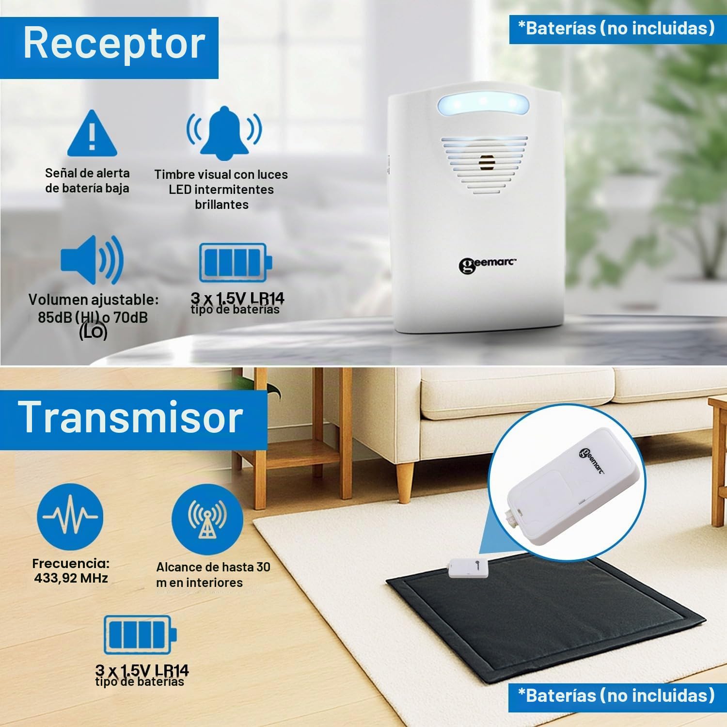 Geemarc Amplicall PSA100 - Alfombrilla Detector de Presencia con Alarma Potente y Flash Luminoso, Ideal para Casas de retiro y hogares con Ancianos