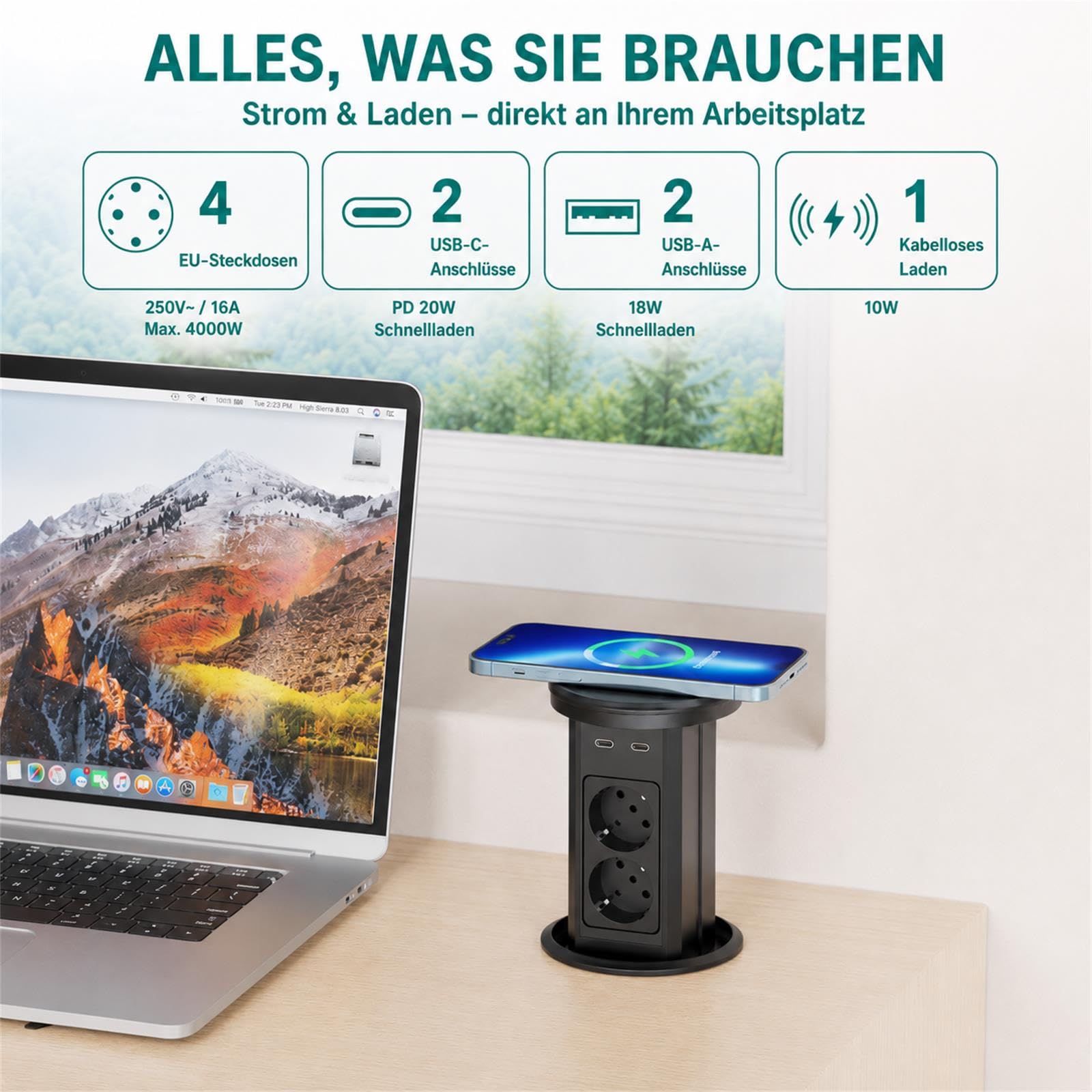 Automatisch Versenkbare Steckdose, Dinolink Tischsteckdose mit 4 Steckdosen, 4 USB Ports, 10W Wireless Charging | Einbausteckdose Versenkbar für Küche, Büro | 1,8m Kabel | Ø100mm
