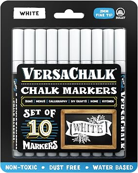 VersaChalk White Liquid Chalk Markers for Blackboards Pack of 10, 3mm, Fine Tip - Erasable Washable Chalk Pens for Chalkboard Signs, Windows an Non-Porous surfaces