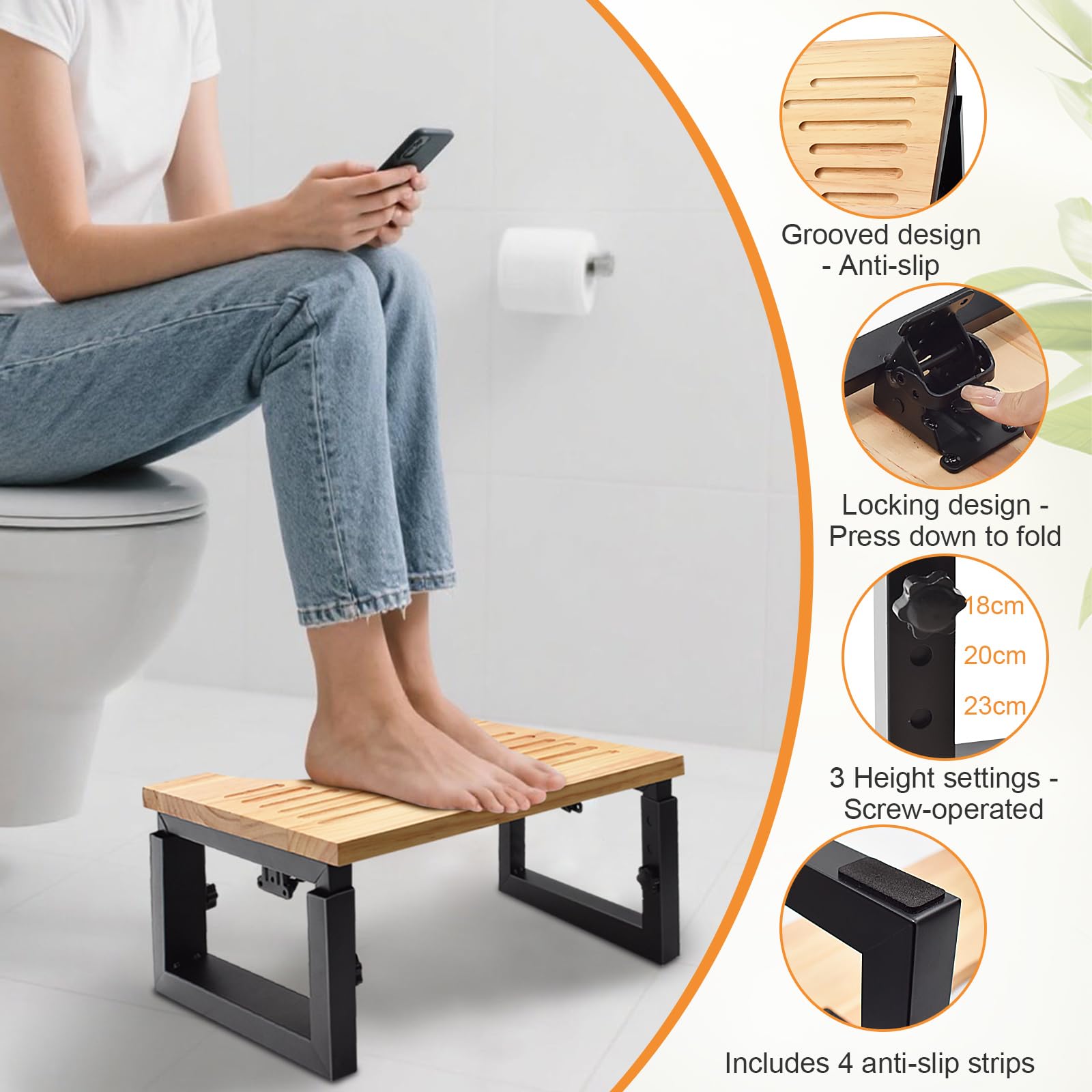 Taburete Inodoro Plegable de Madera, Taburete Baño Altura Ajustable con Soporte de Metal, Escalón Plegable WC con Almohadilla Antideslizant, Contra Estreñimiento