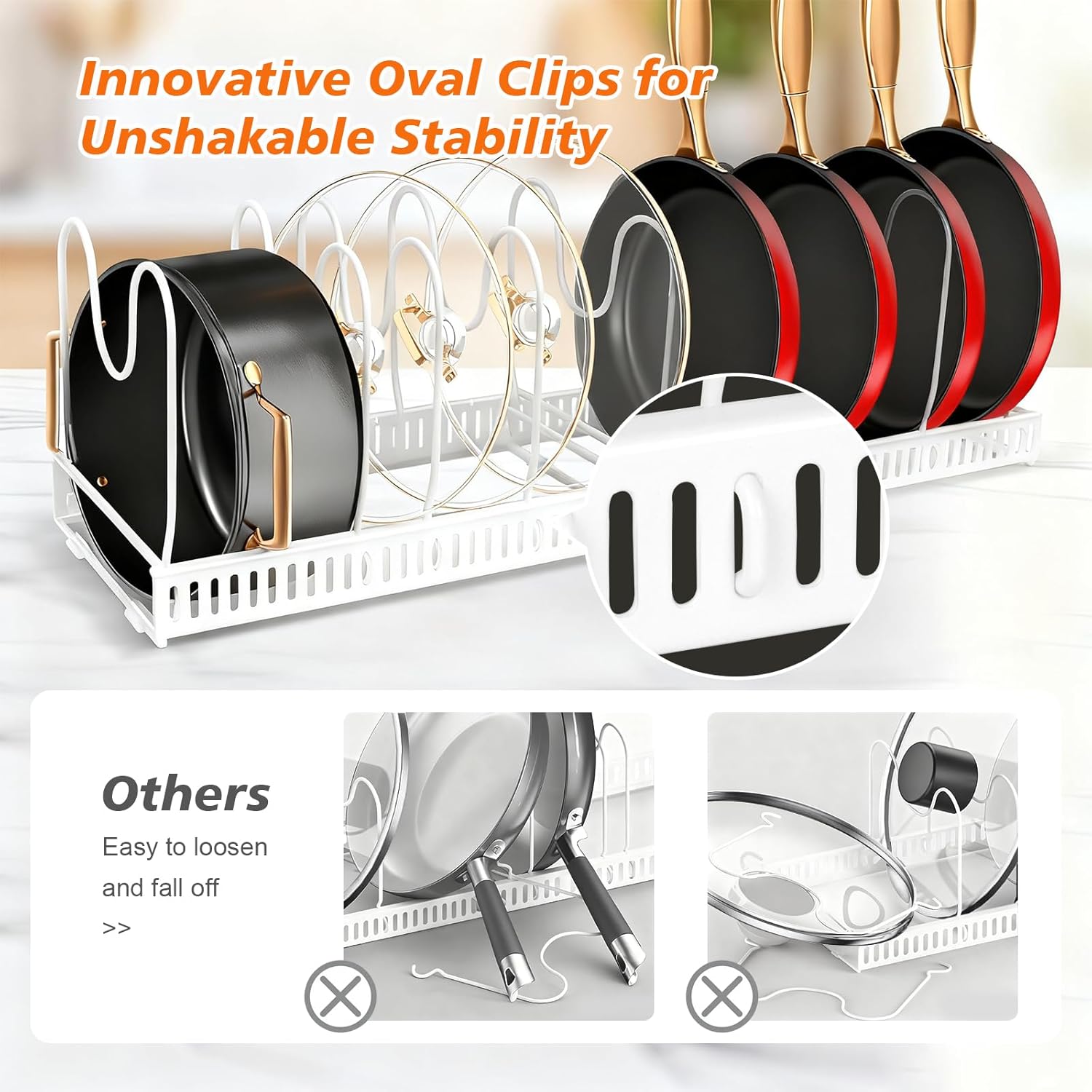 Expandable Pots and Pans Organizer Rack for Under-Cabinet Storage - Adjustable Kitchen Cabinet Organizer with 13 Dividers, Cutting Board Holder & 6 Non-Slip Silicone Pads-White