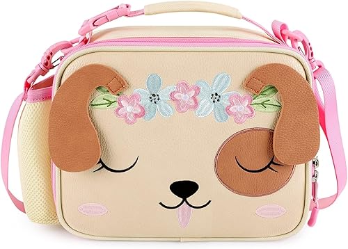 mibasies Lonchera con aislamiento de cuero para niñas con soporte para botella de agua y correa para el hombro (perro)