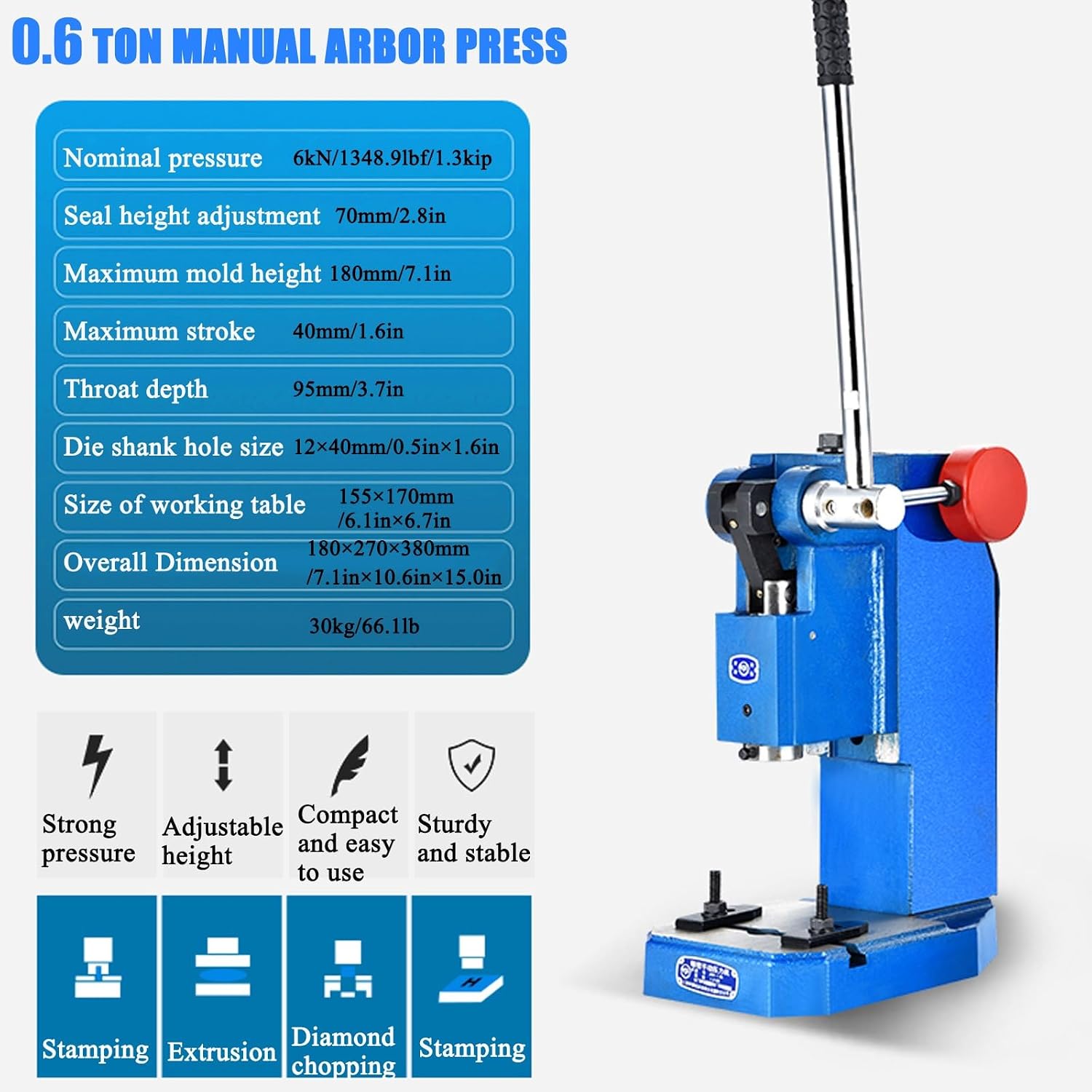 Manual Hand Punching Machine,0.4-1T Leather Hole Punch Toowith Extended Lever for Efficient Punch Pressing Embossing and Die Cutting Ideal for Crafts and DIY Projects(0.6ton)