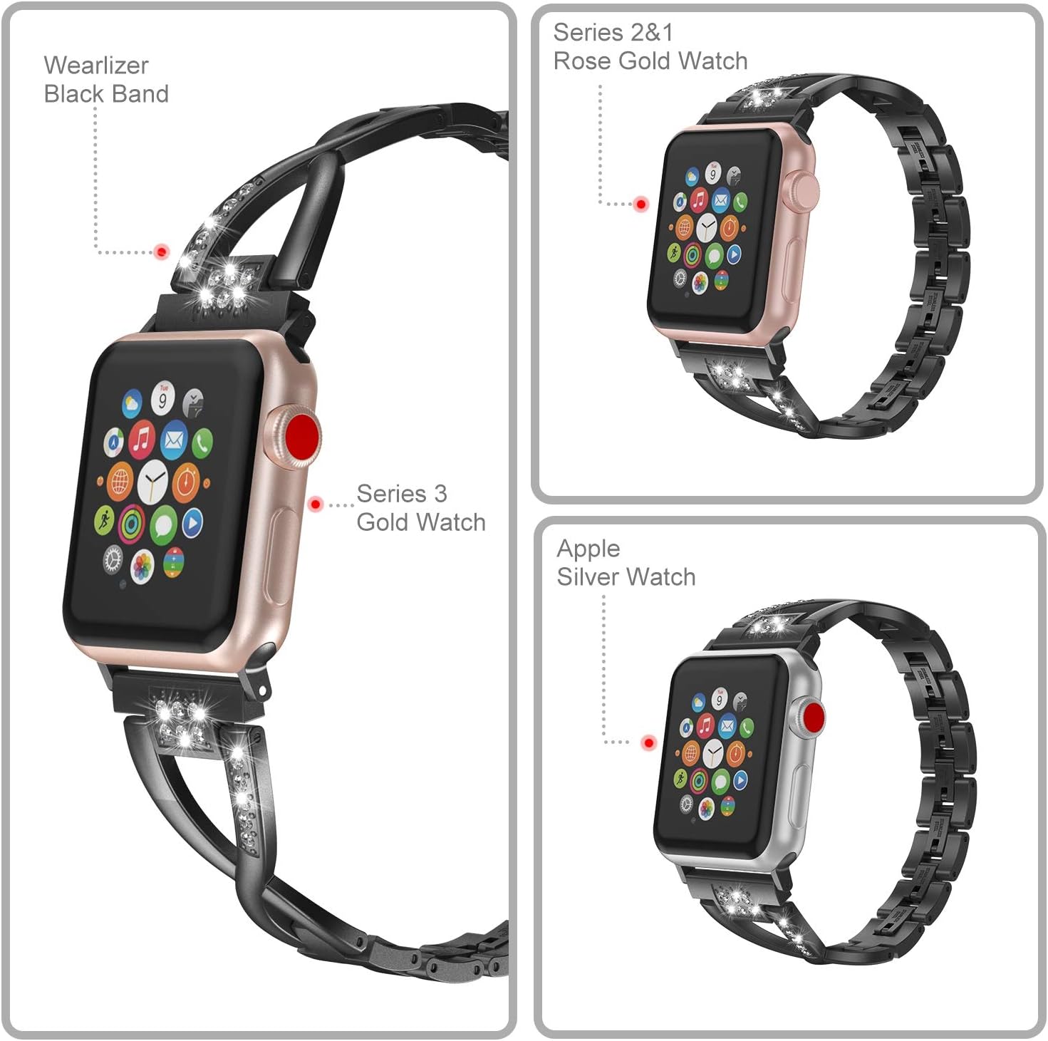 Wearlizer Bling Compatible with Apple Watch Band 42mm 44mm 45mm 49mm Rhinestone for iWatch SE Black Strap Metal X-Link Wristband Sleek Dressy Replacement Metal Removal Clasp Series Ultra 8 7 6 5 4 3 2