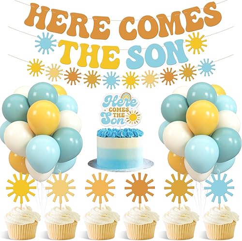 Sinasasspel Decoraciones de baby shower con el texto en inglés Here Comes the Son (Here Comes the Son), decoración minimalista para cupcakes, globos