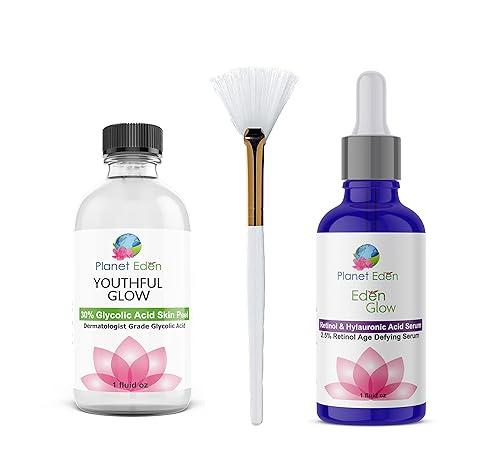 Planet Eden Kit de exfoliación química para la piel con ácido hialurónico al 30% de ácido glicólico y suero de retinol al 2.5% y cepillo de abanico,
