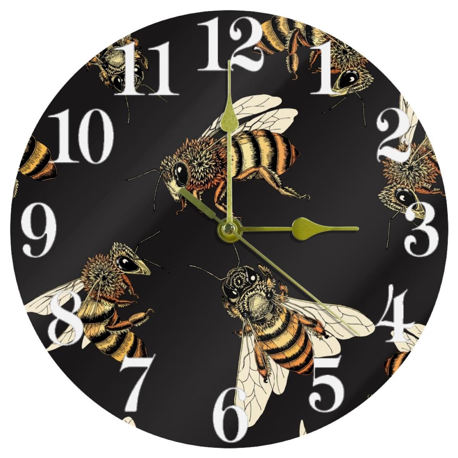 Horloge murale ronde silencieuse à quartz motif bourdons pour bureau et maison