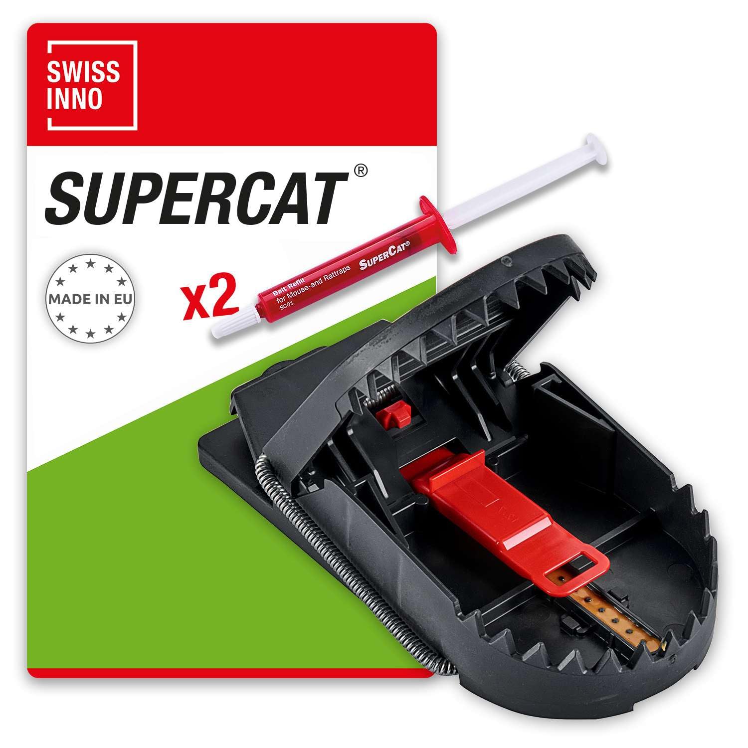 SWISSINNO Rattenfalle PRO SuperCat – 1 Falle + 2 Köderspritzen – Patentiertes Easy Catch System – Starke Feder – Vorbeködert mit Erdnussbutter und Nachfüllköder inklusive