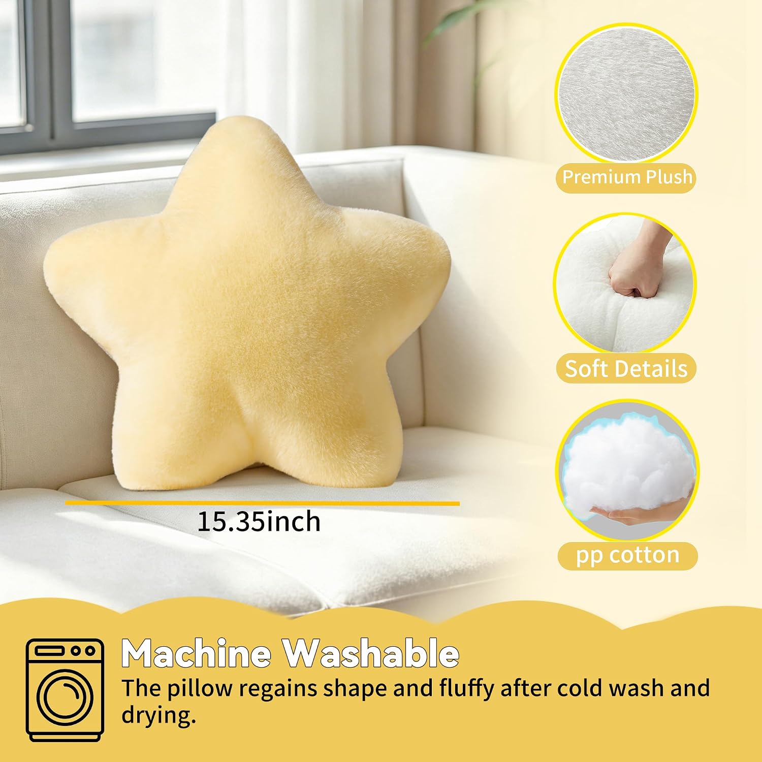 2PCS Star Pillow Set, 15.35“ Cute Yellow Decorative Star Shaped Throw Pillows for Bed Couch, Aesthetic Soft Faux Plush Pillow Cushion for Room Bedroom Sofa Chair Floor Decor(Yellow)