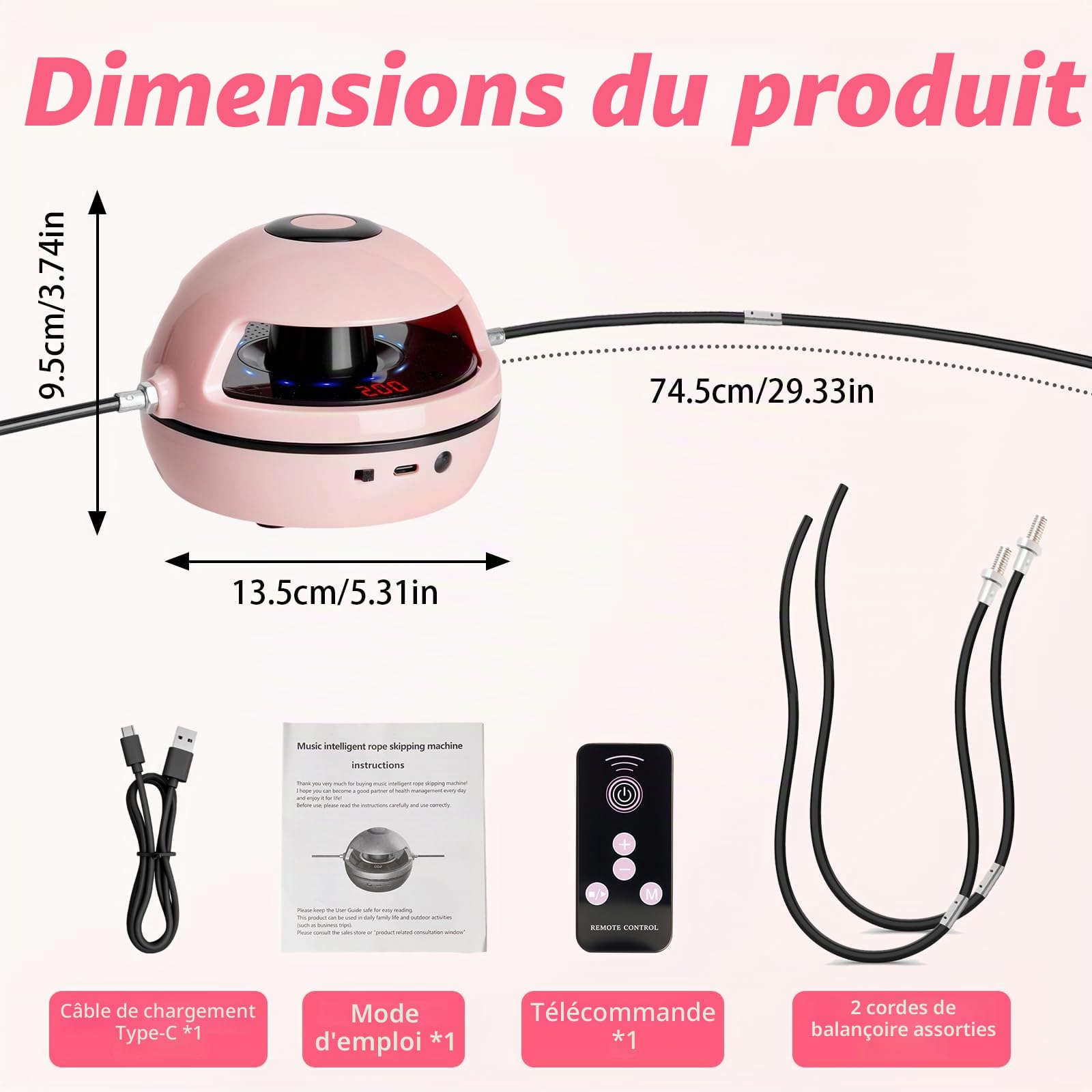 Corde à Sauter Électronique, Machine à Sauter Intelligente avec Télécommande, avec 10 Niveaux de Vitesse, Compteur D'affichage LED, Musique Bluetooth, Appareil D'entraînement pour Enfants et Adultes