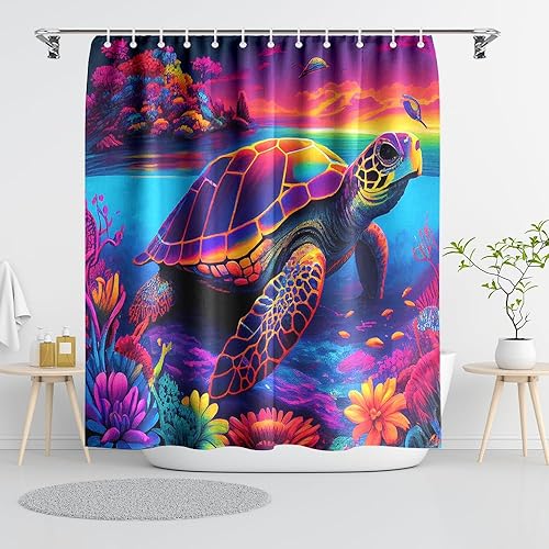 Miniatura 2 de Juego de cortinas de ducha de tela con temática náutica de tortugas marinas y océano, decoración de baño con ojales y ganchos, 72 x 72 pulgadas