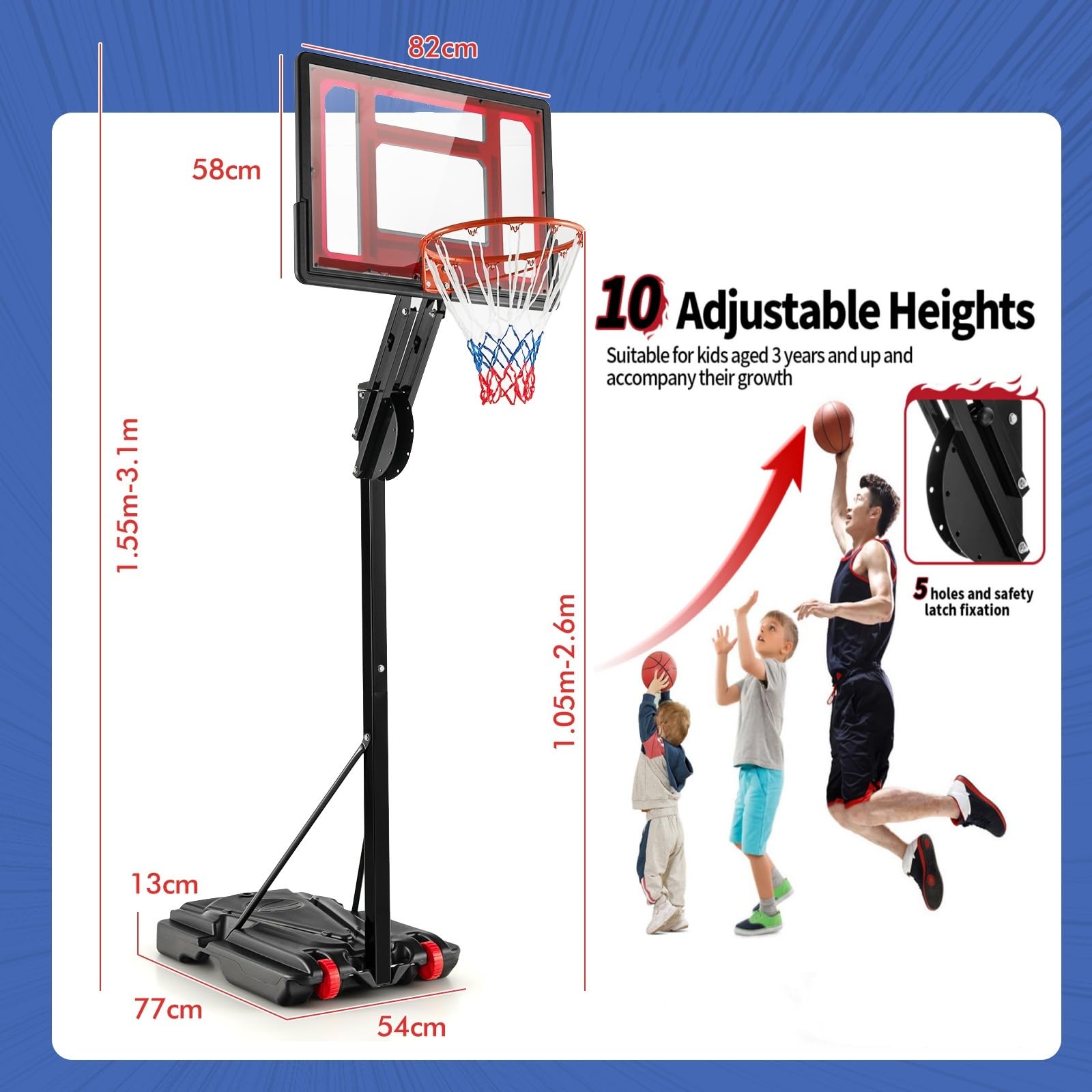 LIFEZEAL Panier de Basket-Ball Extérieur avec Hauteur Réglable 1,55 m-3,1 m, Panneau de Basket Mobile avec Roues et Sac de Rangement, Panier de Basket sur Pied Intérieur pour Enfants et Adultes