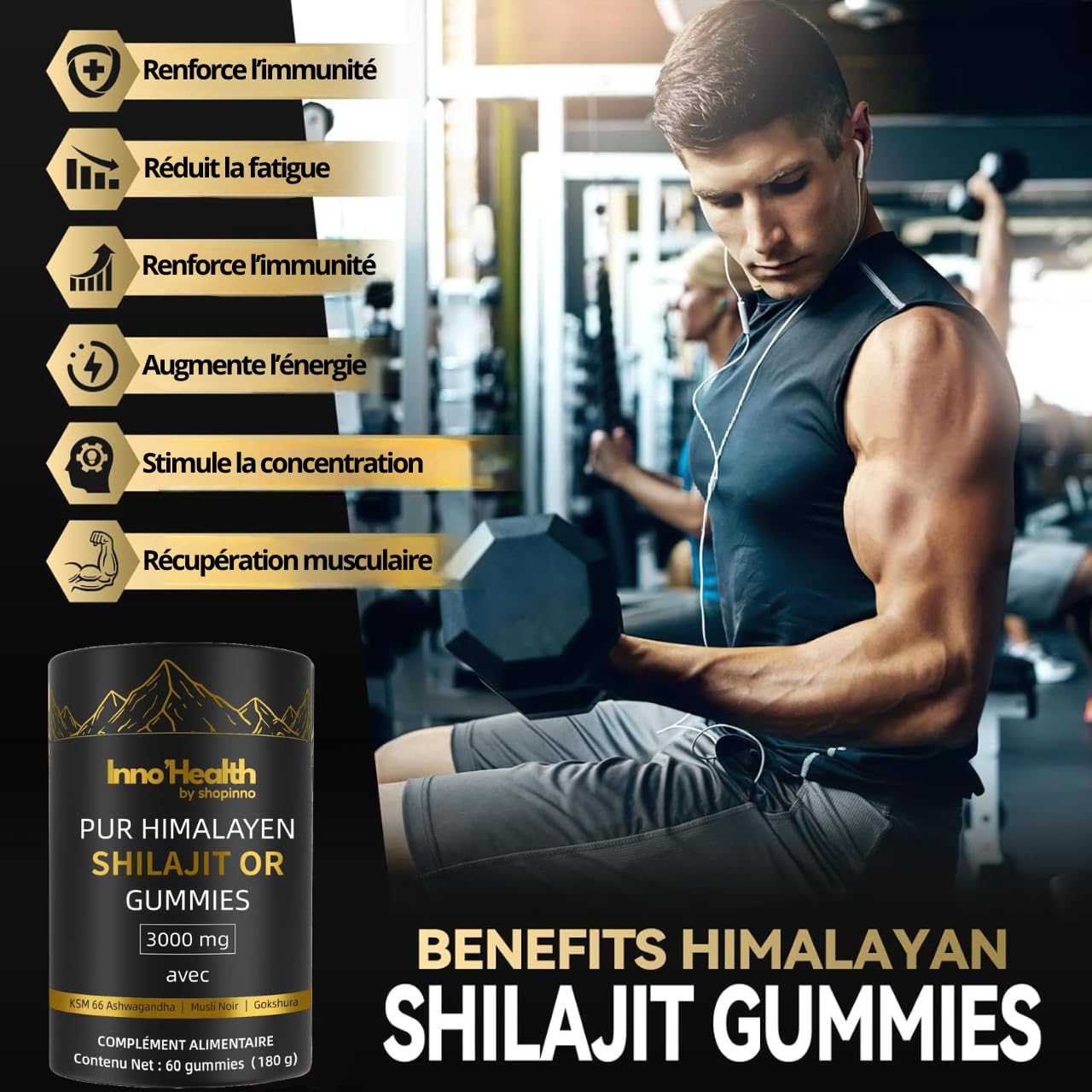 Inno’Health Shilajit Gummies – Shilajit Pure d'Himalaya, 60 gommes naturelles – Complément alimentaire premium avec 85+ minéraux, acides fulvique & humique