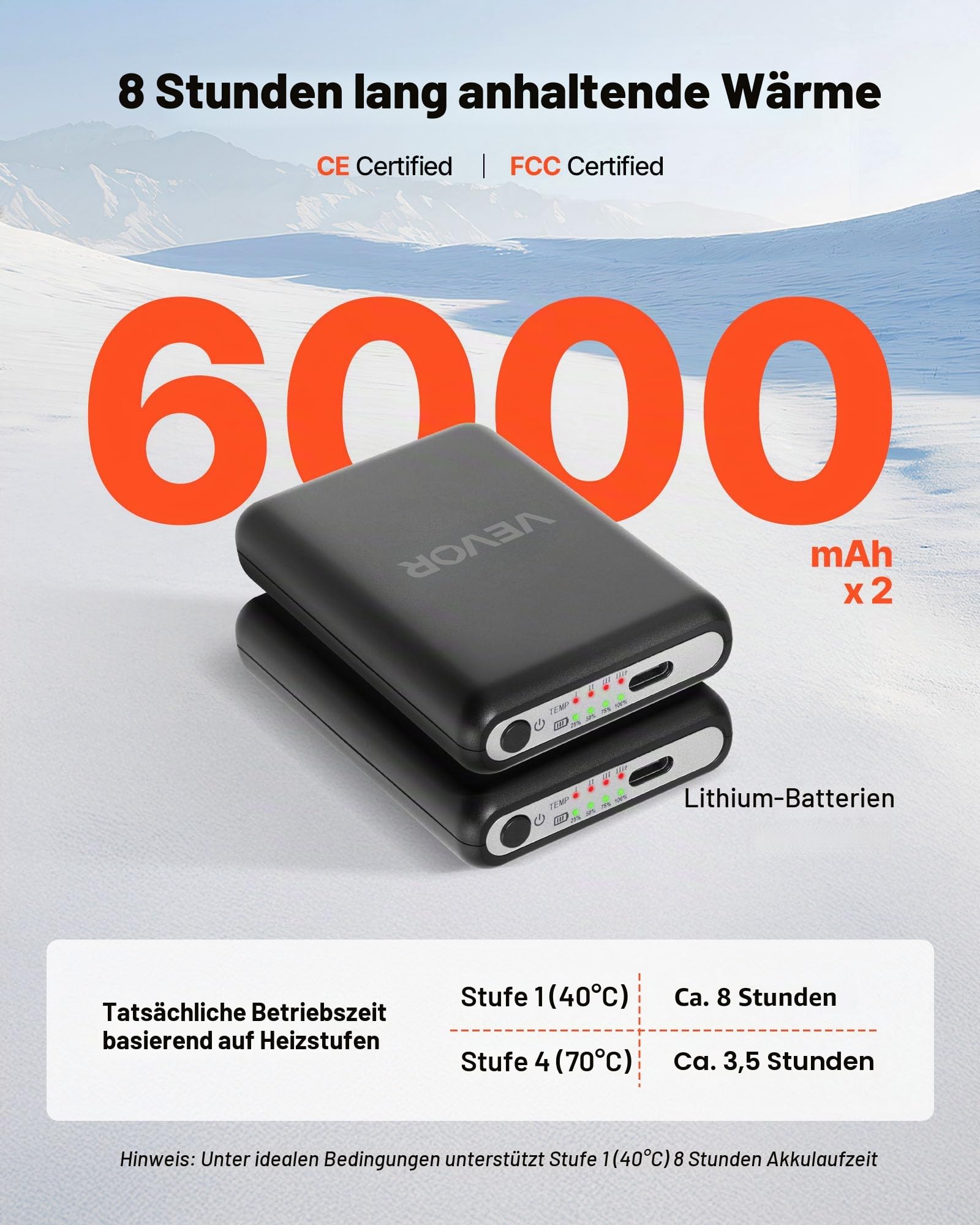 VEVOR Beheizte Socken, 6000 mAh Akkubetrieben, Wiederaufladbare Heizsocken mit 4 Heizstufen und APP-Steuerung, 40–70 °C Fußwärmer für Outdoor, Angeln, Camping, Wandern, Unisex
