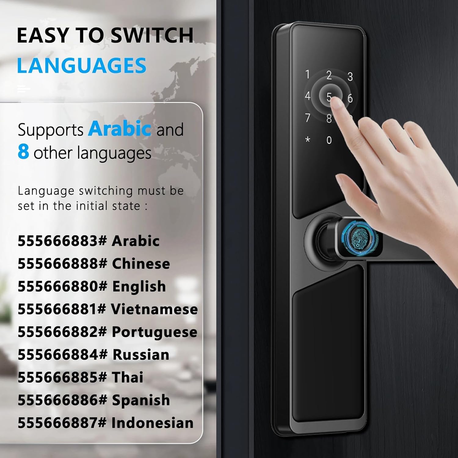 Image showing the smart lock keypad and a list of codes to switch languages: 555666883# for Arabic, 555666888# for Chinese, 555666880# for English, etc.