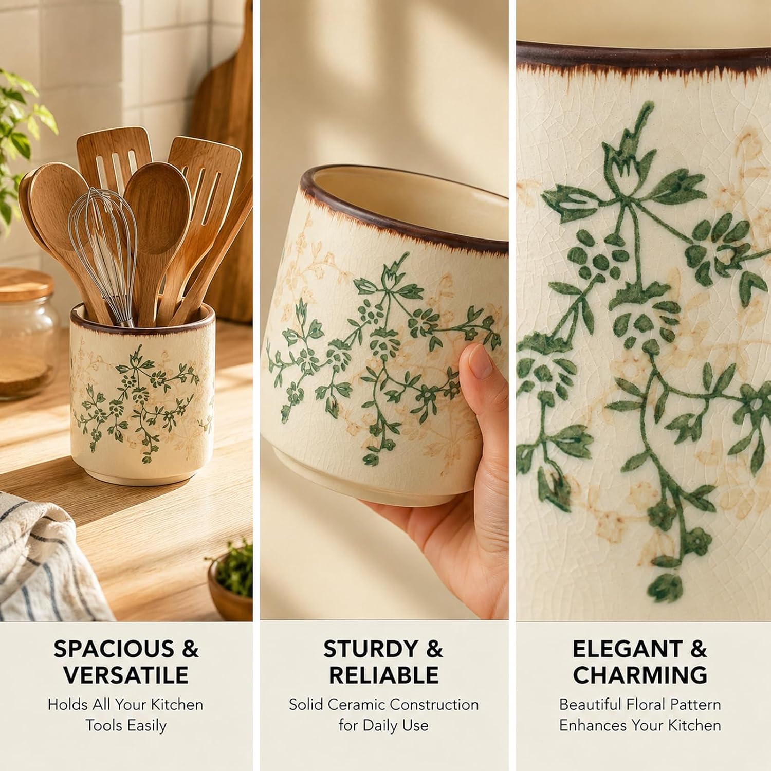 5.5“ Green Floral Ceramic Utensil Holder Chinoiserie Chopstick Crock