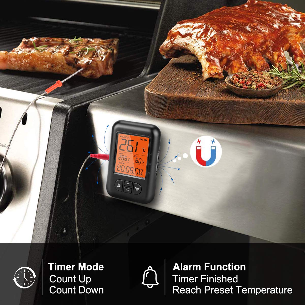 Wireless Meat Thermometer, Te-Rich Bluetooth Digital Food Grill Thermometer [Oven Safe/Timer/App Connected/] with 6 Temperature Probe for Smoker Grilling BBQ Turkey Kitchen Cooking Thermometer
