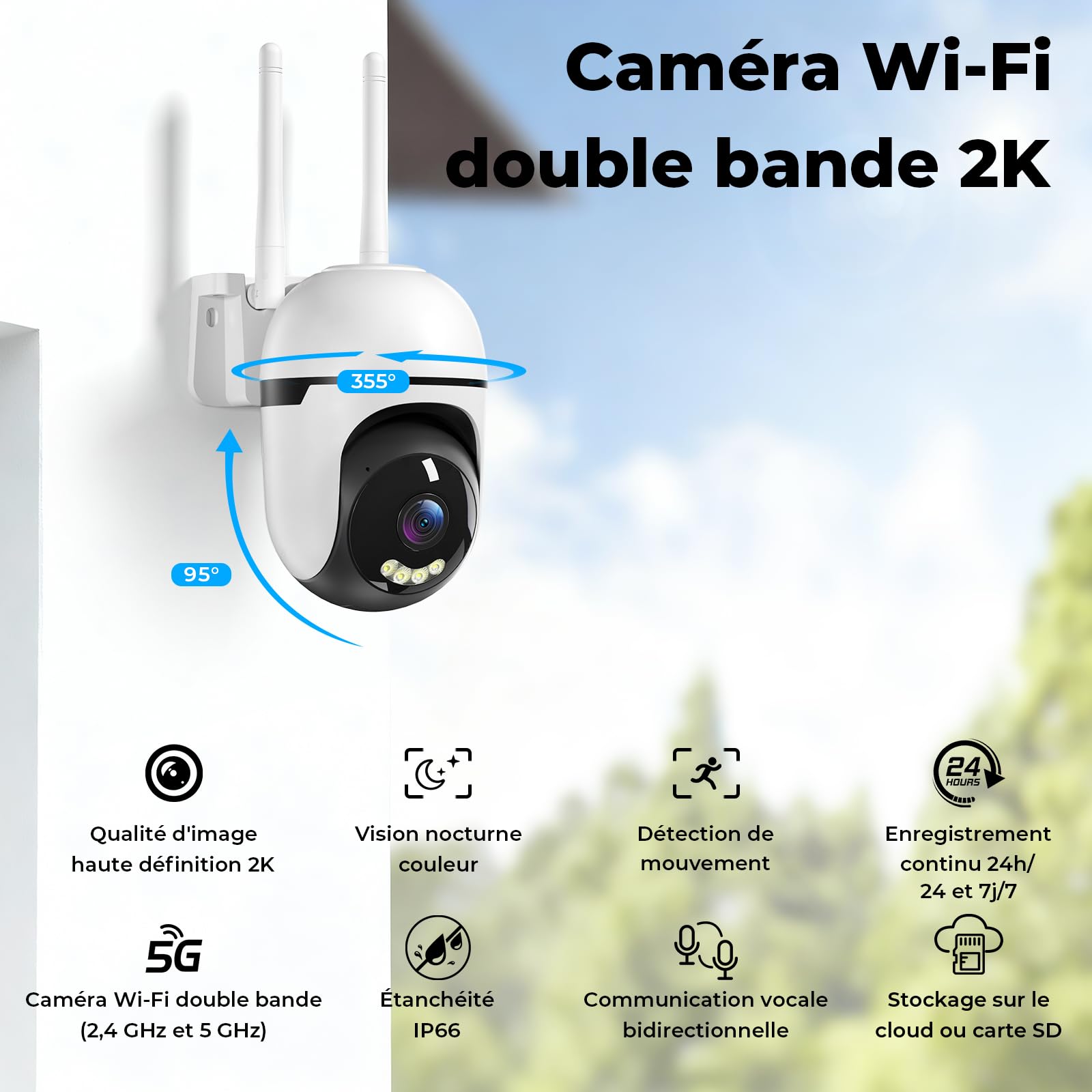 WESECUU 2K Caméra Surveillance WiFi Extérieure, Suivi Auto 360° Caméra IP Compatible avec 2.4Ghz/5Ghz, Vision Nocturne Couleur, Détection Humaine, Audio Bidirectionnel, Enregistrement 24H