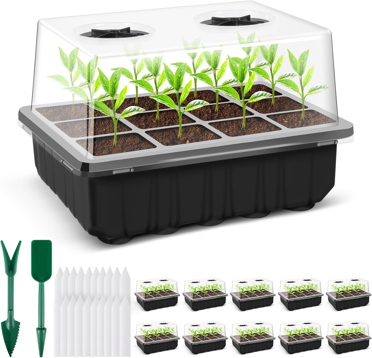 Seed Starter Tray, 10 Pack Large Thicken Seed Starter Kit with Humidity Dome, 120 Cell Seed Starting Trays with Enlarged Independent Cells and 5.7" High Lid for Planting Seeds, Black