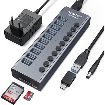 Powered USB 3.0 Hub, Wenter 10 Ports 36 W USB Hub Active, Aluminium USB Splitter with Individual On/Off Switches, SD/TF Card 