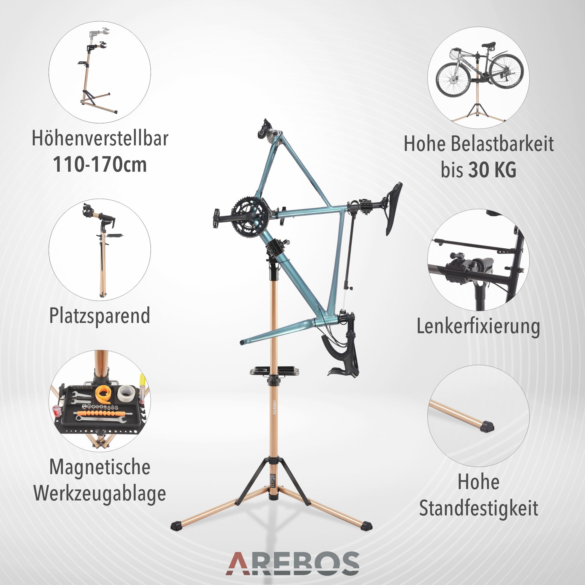 Arebos Fahrrad-Montageständer aus Aluminium – Profi Reparaturständer für E-Bike, Mountainbike & Fahrrad, 360° drehbar, mit Tasche und Schnellspannvorrichtung Champagner