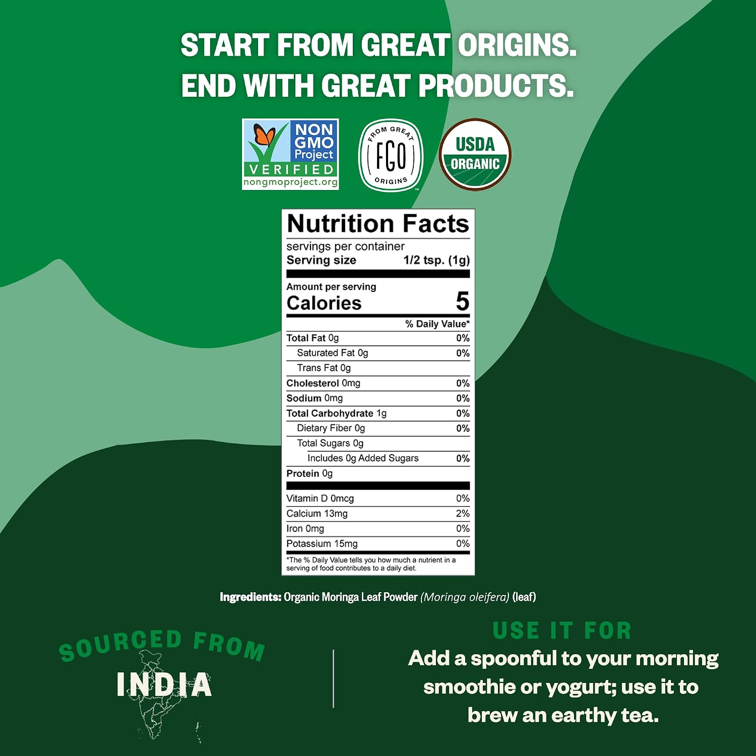 FGO Organic Moringa Oleifera Leaf Powder, 16oz Bulk Resealable Pouch, Sourced from India, Non-GMO, Packaging May Vary (Pack of 1) image 3