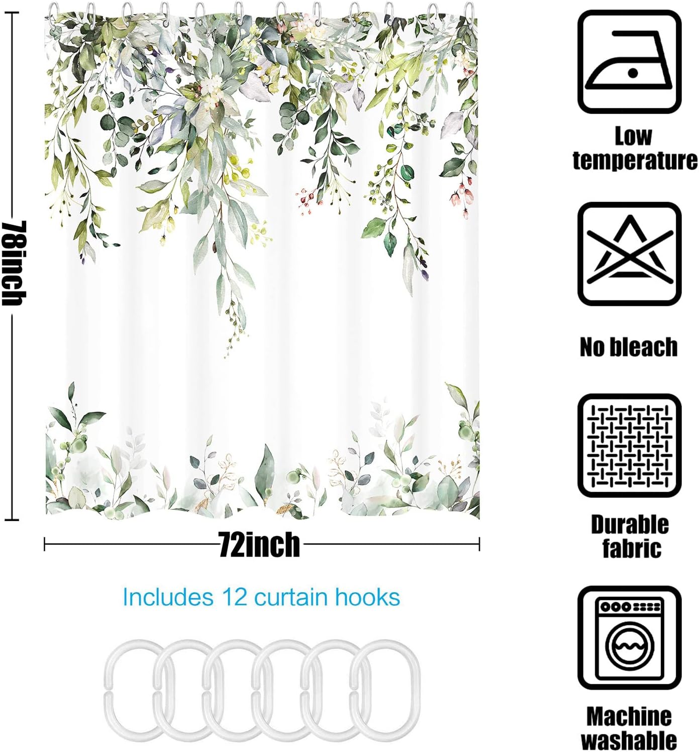 kampdream Eucalyptus Plant Rustic Shower Curtain, Watercolor Leaves On The Top Country Farm House Shower Curtain, Spring Botanical Bathroom Curtain 72 ×78 Inch