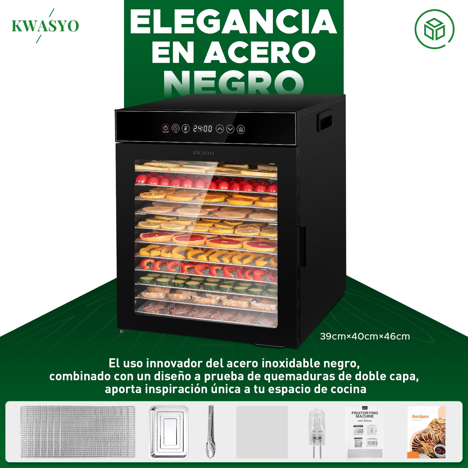 Kwasyo Deshidratador de Alimentos de 12 Bandejas de Acero Inoxidable, Todo en Negro, Estructura de Doble Capa, Gran Capacidad, Deshidratador para Frutas, Pescado, Verduras, Carne, Jerky, Hierbas