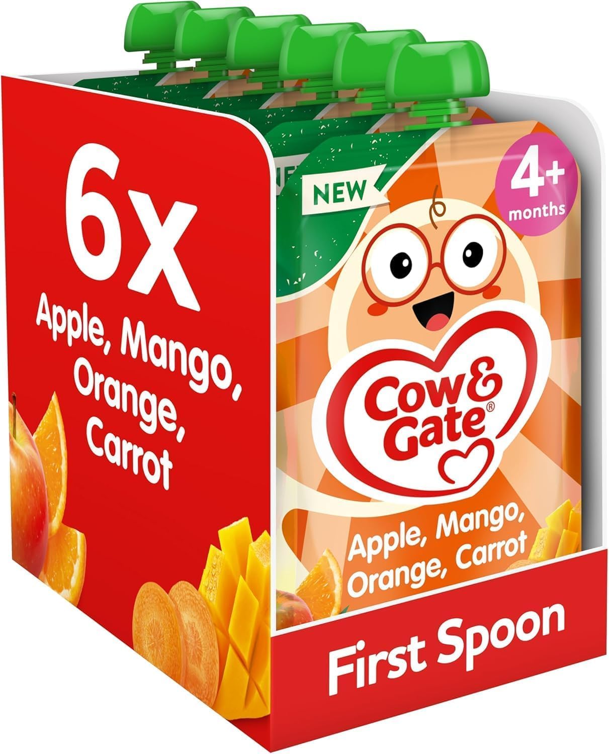 Cow & Gate Baby Food Pouches - Apple Mango Orange & Carrot - Baby Snacks for Weaning, Toddlers and Kids - Fruit Pouch Multipack - 4+ Months - 100g (Pack of 6)