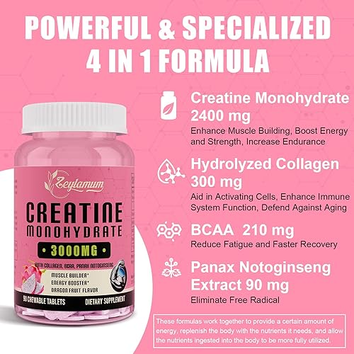 Miniatura 3 de Monohidrato de creatina para mujeres, suplemento de creatina de 3000 mg, con colágeno hidrolizado, BCAA, creatina para ganancia de glúteos,