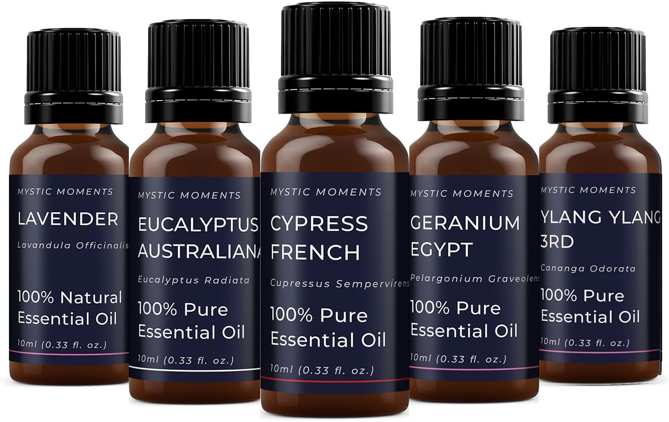 Mystic Moments | Yin Essential Oil Gift Starter Pack 5x10ml | Eucalyptus, Geranium, Lavender, Cypress & Ylang Ylang